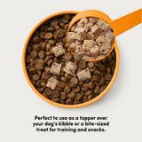 Card with text: Perfect to use as a topper over your dog's kibble or a bite-sized treat for training and snacks