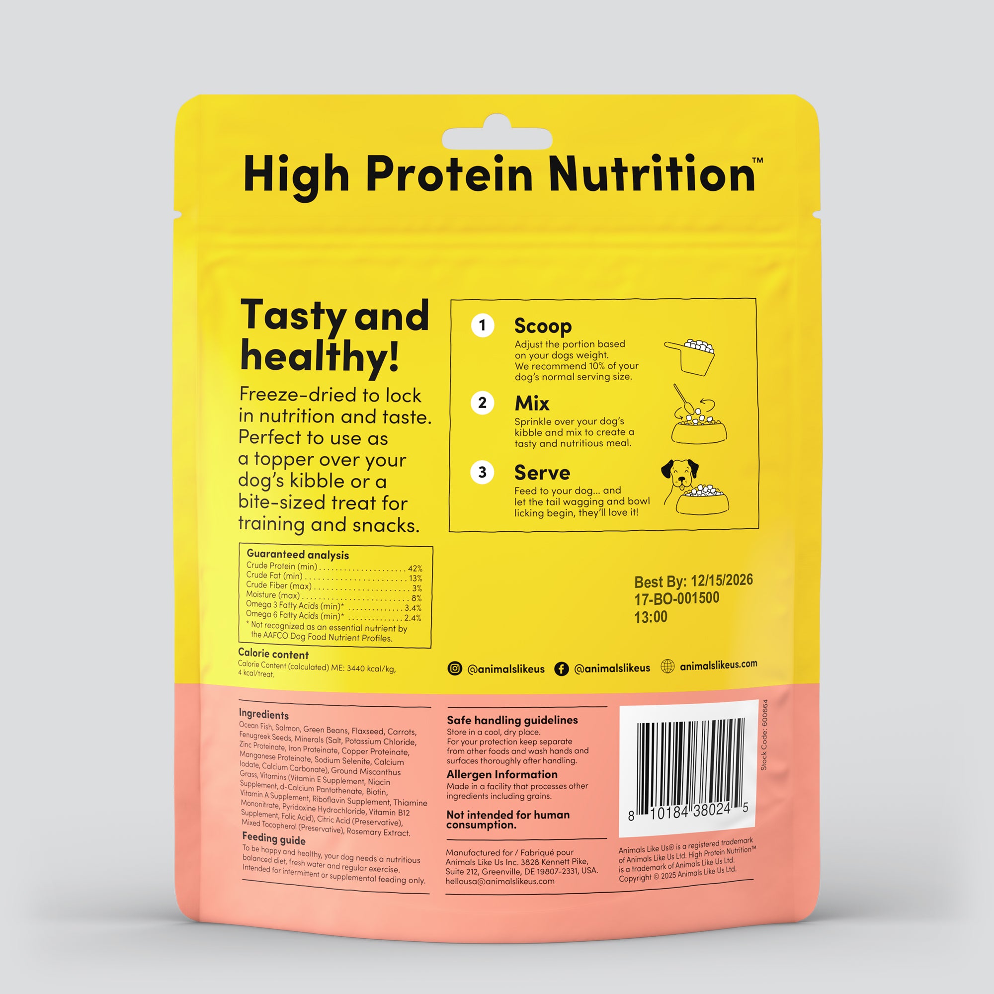 Back of package of Animals Like Us Ocean Fish Recipe dog topper or treats.