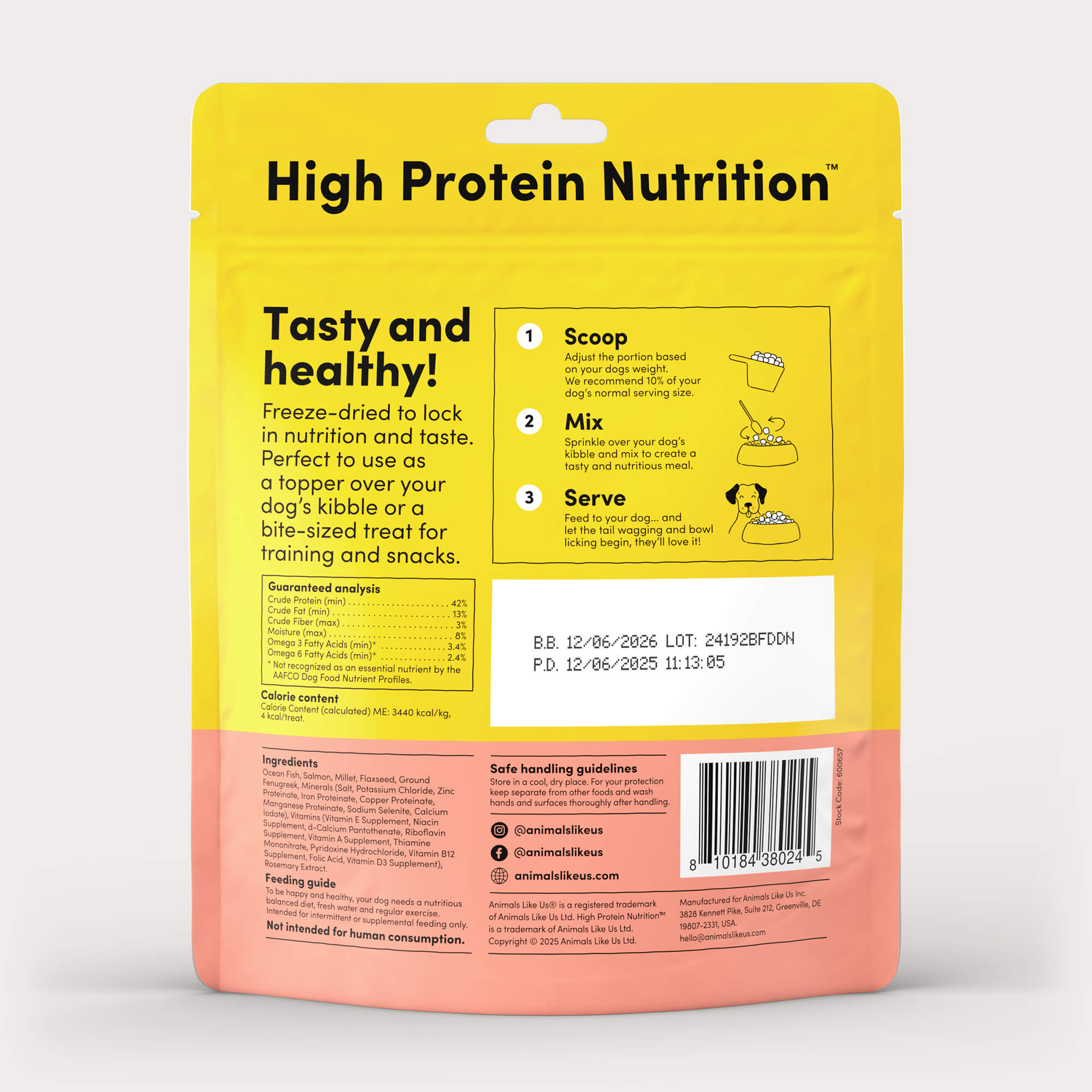 Back of package of Animals Like Us Ocean Fish Recipe dog topper or treats.