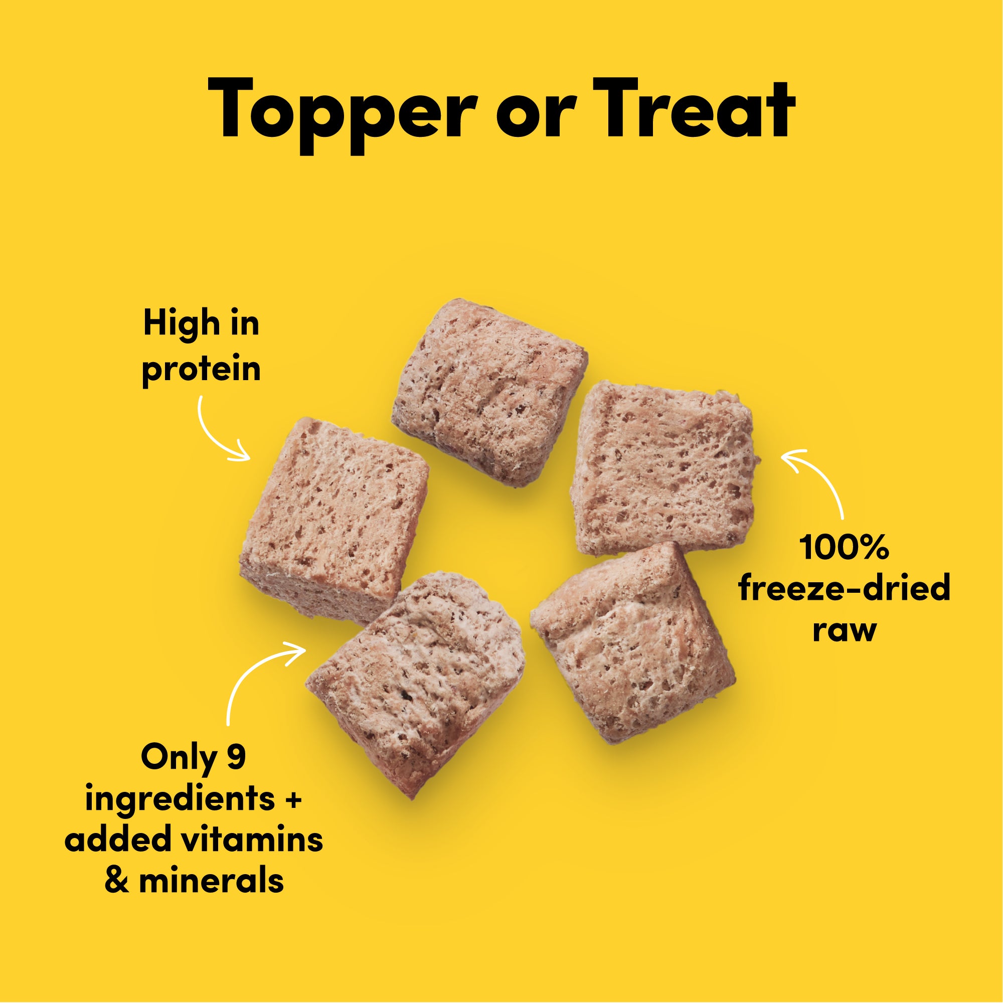 Card with text: Complete and balanced. 100% freeze-dried raw. Only 7-10 ingredients + added vitamins and minerals. Single source protein.