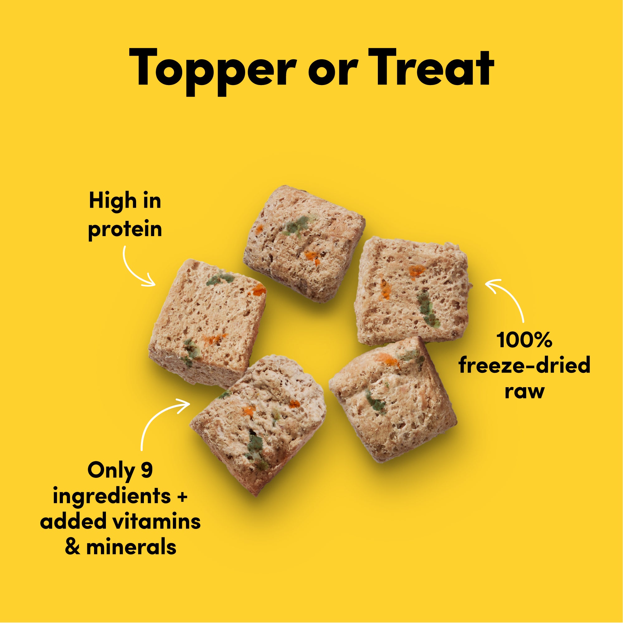 Card with text: Complete and balanced. 100% freeze-dried raw. Only 9-12 ingredients + added vitamins and minerals.