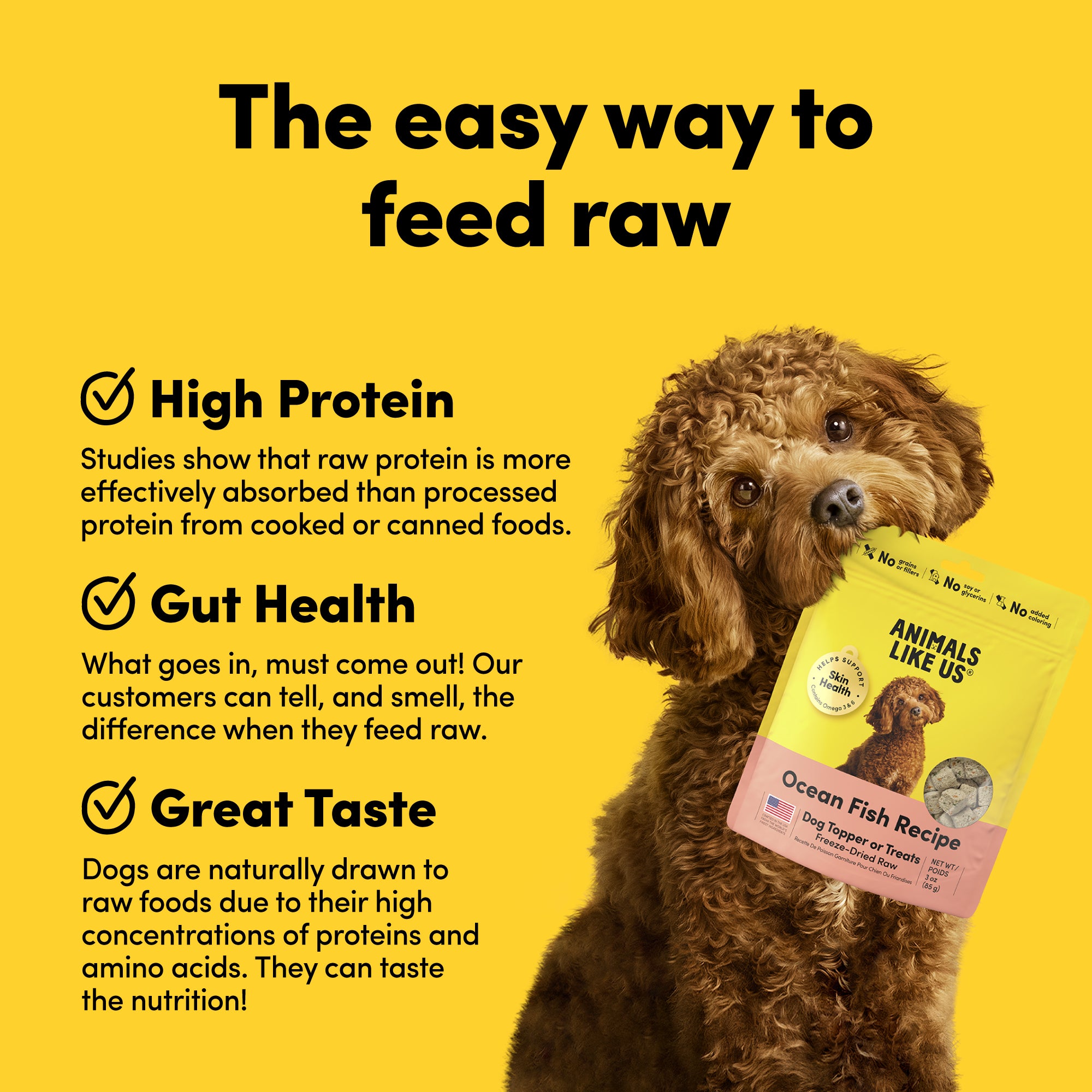 Card with text: Animals Like Us Treats or Toppers are High Protein, Great for Gut Health with Great Taste.