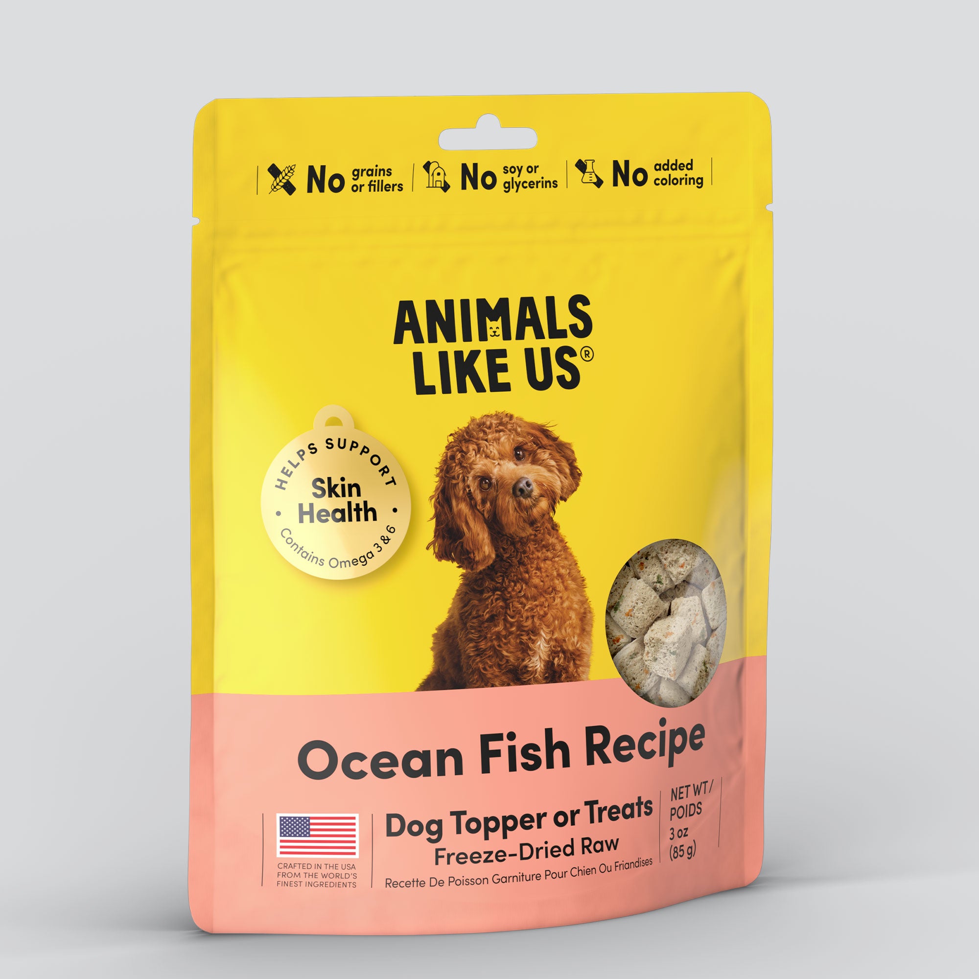 Package of Animals Like Us Ocean Fish Recipe dog topper or treats.