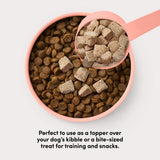 Card with text: Perfect to use as a topper over your dog's kibble or a bite-sized treat for training and snacks