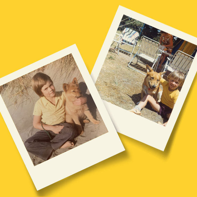 Two vintage-style Polaroid photos of Animals Like Us founders and his dog on a yellow background