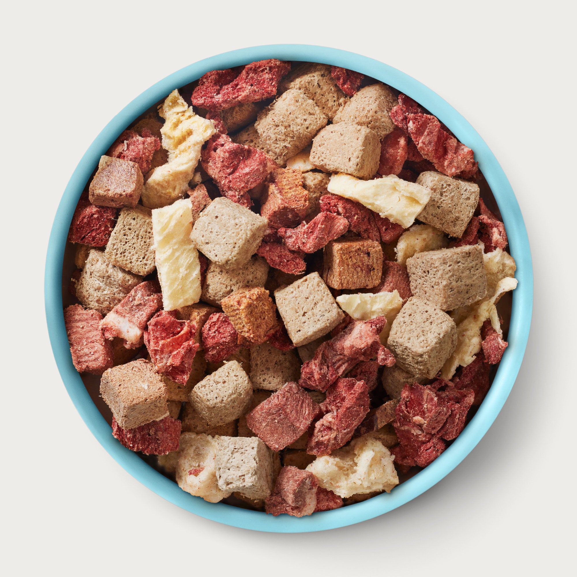 Assorted dog treats in a blue bowl on a white background
