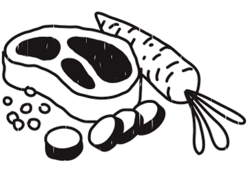 Black and white illustration of a steak, carrot, and potatoes on a white background